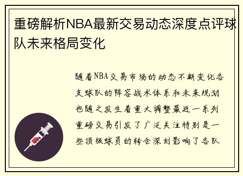 重磅解析NBA最新交易动态深度点评球队未来格局变化